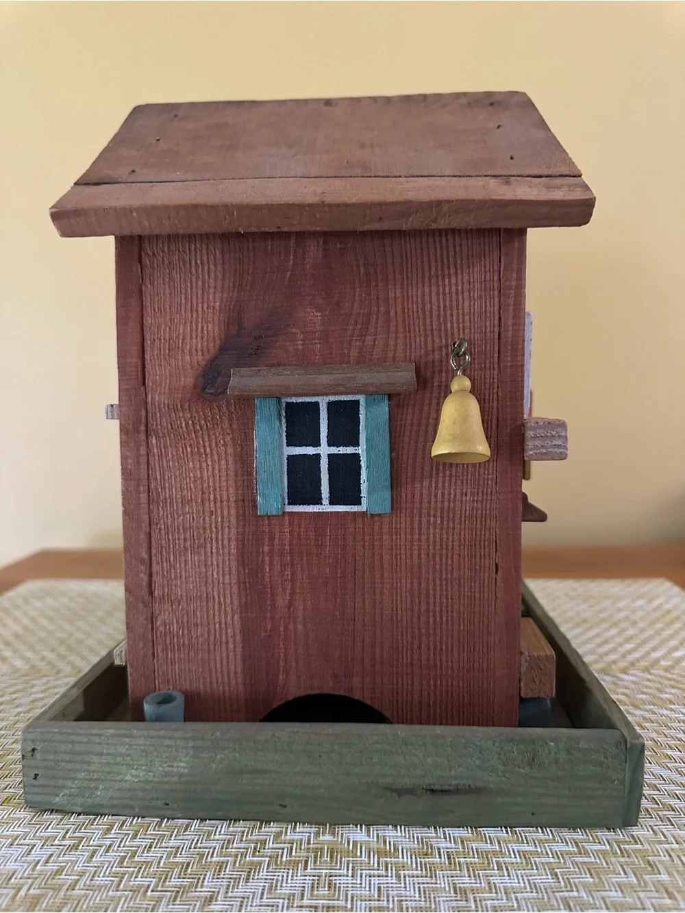 Wooden School House Decorative Bird feeder Brown with Green Accents